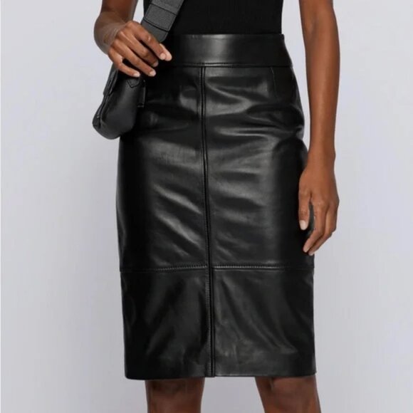 HUGO BOSS Leather Pencil Skirt SELRITA Black 6 Slim Fit Classy Edgy Knee Length - Picture 6 of 16